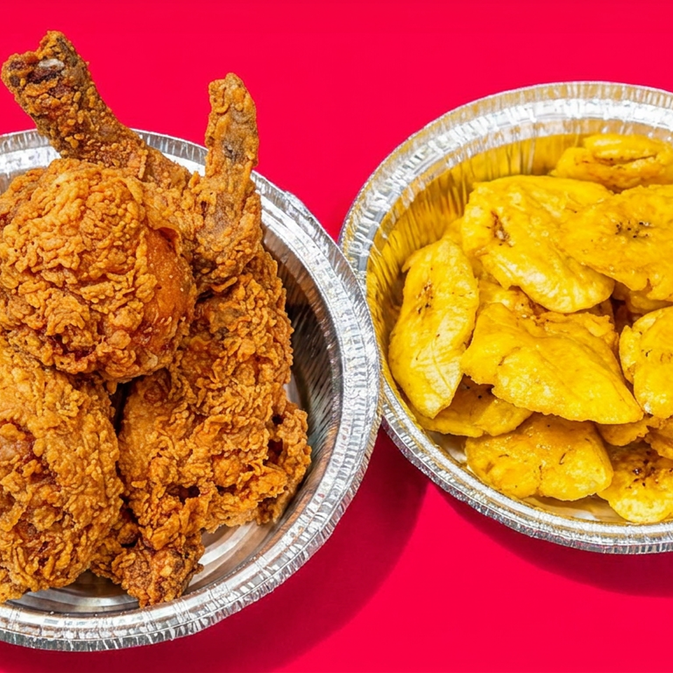 Aluminum trays hold crispy fried chicken pieces and golden fried plantains against a bright red background.