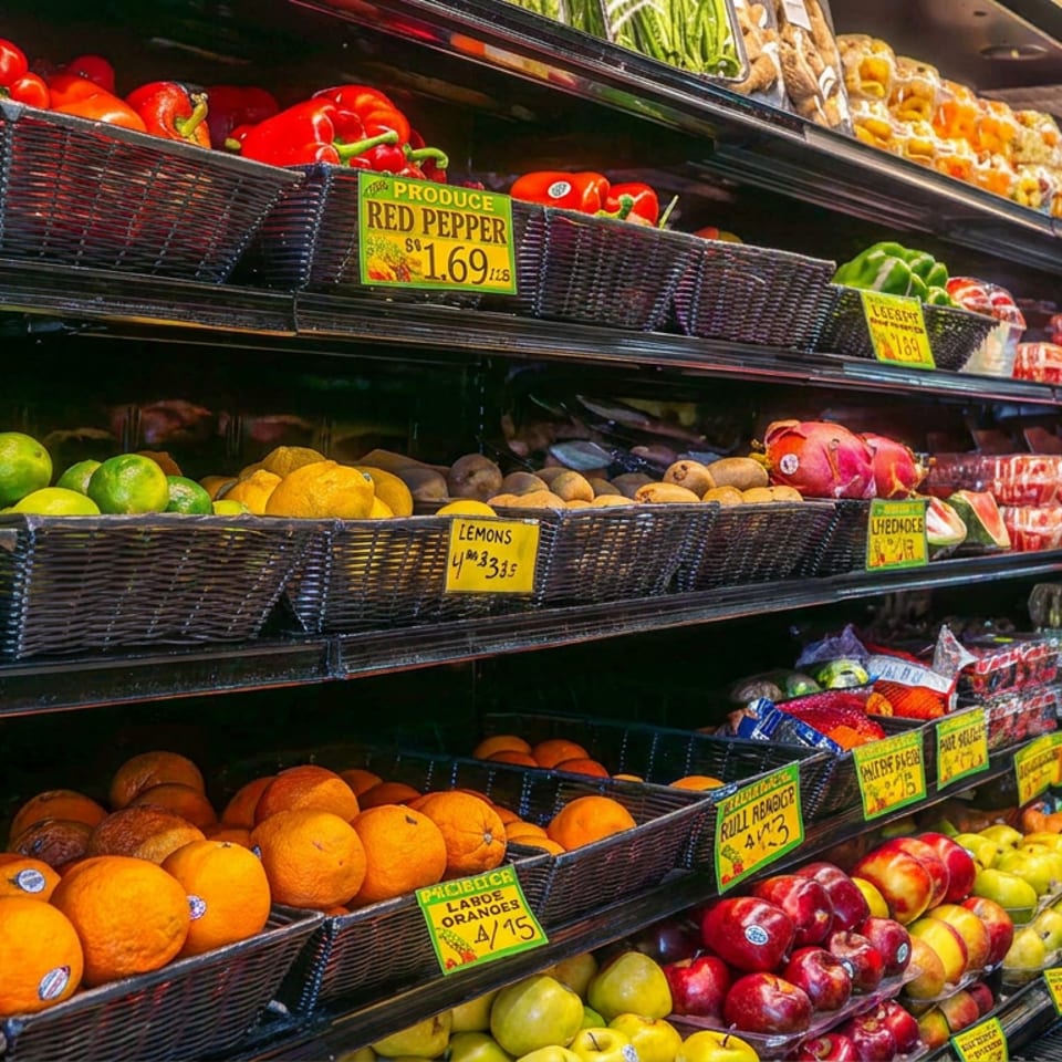 Colorful grocery produce display featuring peppers, citrus fruits, apples, lemons, and labeled wicker baskets.