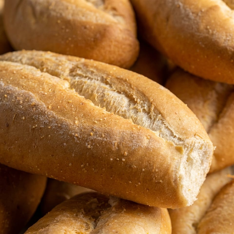 Close-up of several golden-brown crusty bread rolls stacked together, with a split roll prominently displayed in front.