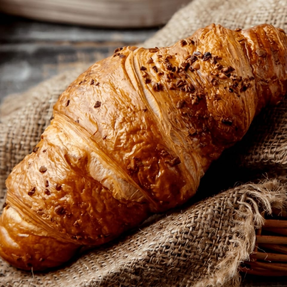 Golden, seed-topped croissant resting on rustic burlap beside a woven basket on a wooden table.