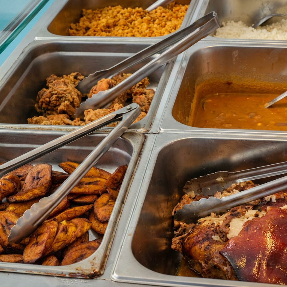 Buffet trays display fried plantains, crispy chicken, rice, stew, and roasted meat with serving tongs.