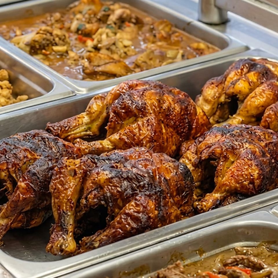 Buffet trays display roasted chickens, fried chicken pieces, and saucy cooked dishes in a restaurant serving area.