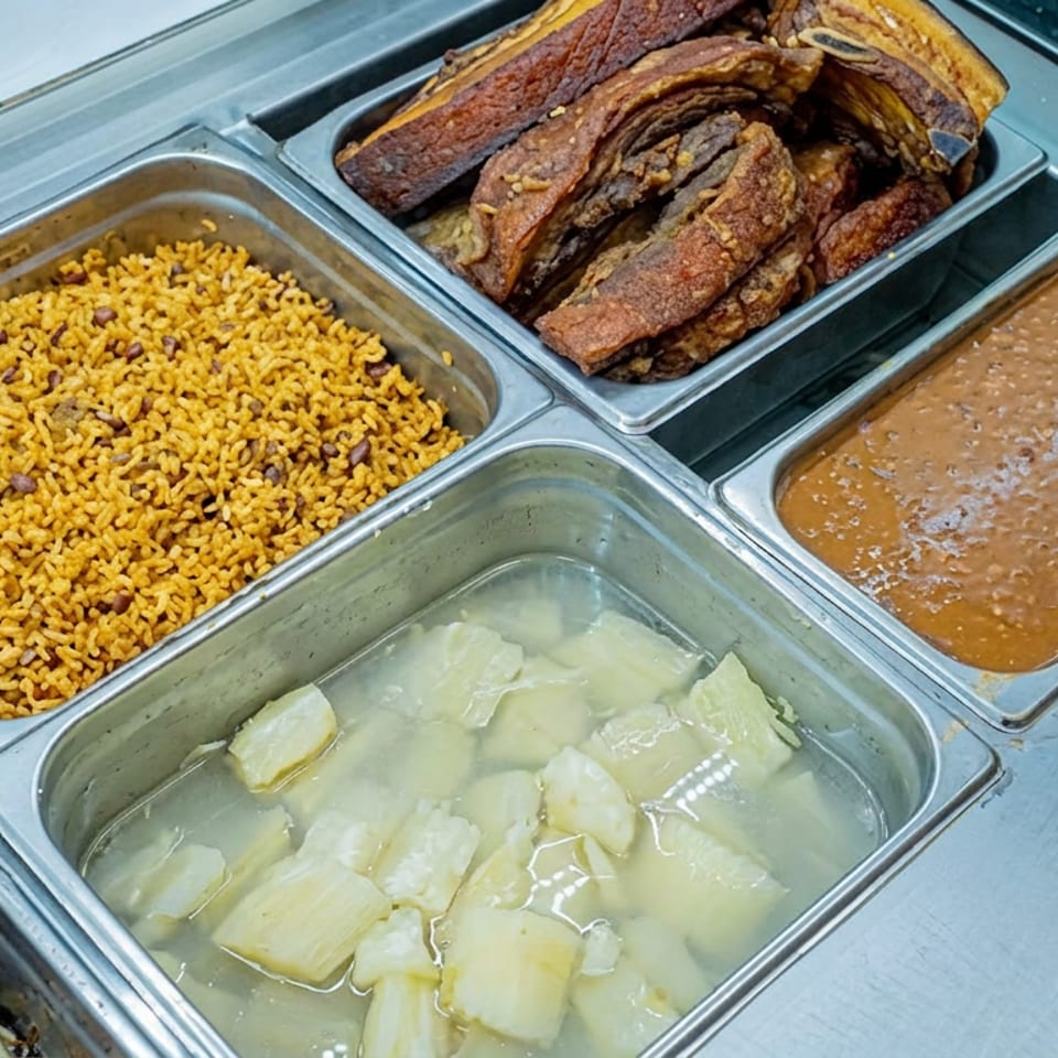 Steam-table buffet displays yellow rice with beans, white rice, stewed beans, fried pork, and boiled root vegetables.