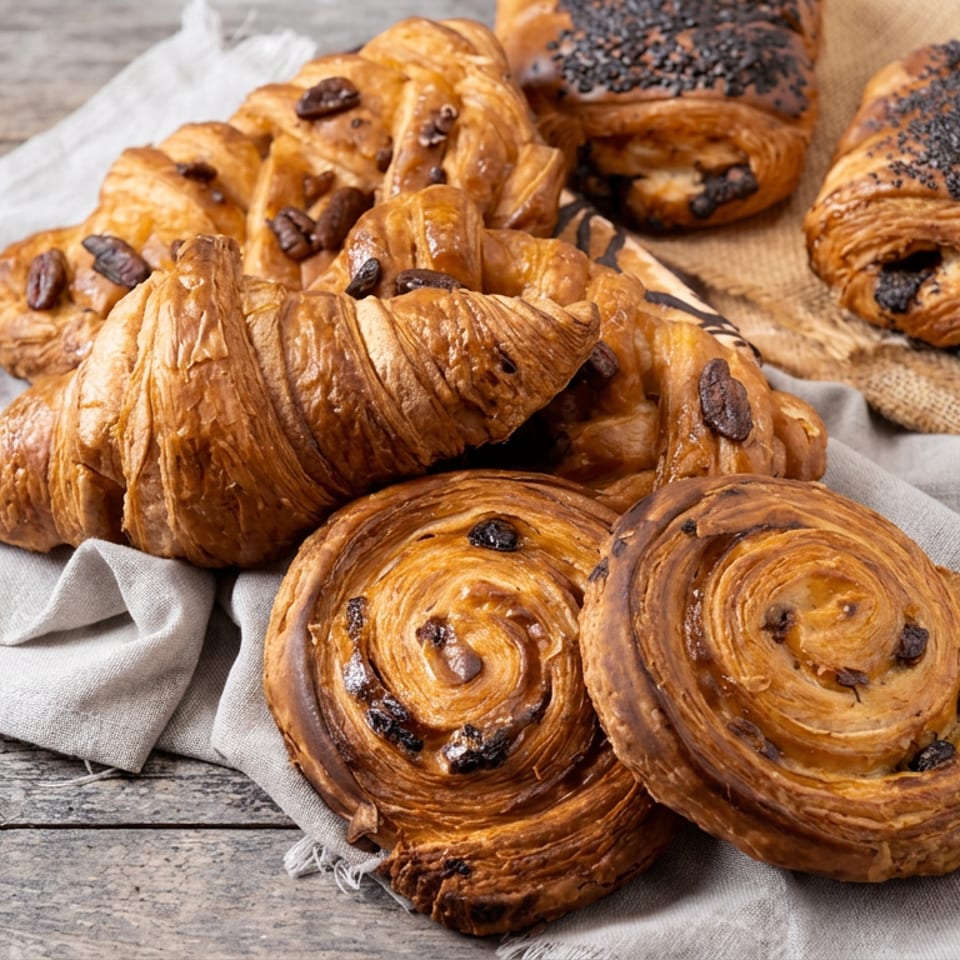 Assorted golden pastries, including chocolate croissants and spiral raisin rolls, arranged on linen over a rustic wooden table.