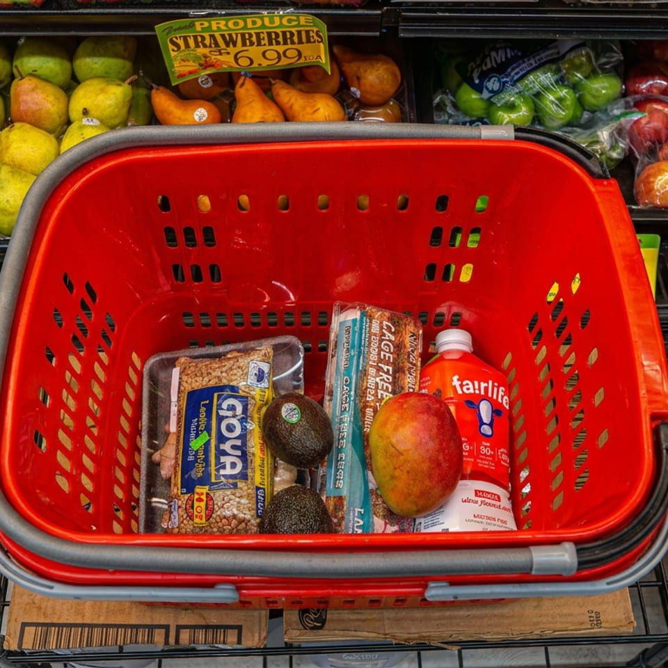 Red shopping basket filled with groceries, including bread, cereal, avocados, mango, and a drink, beside a supermarket produce display.