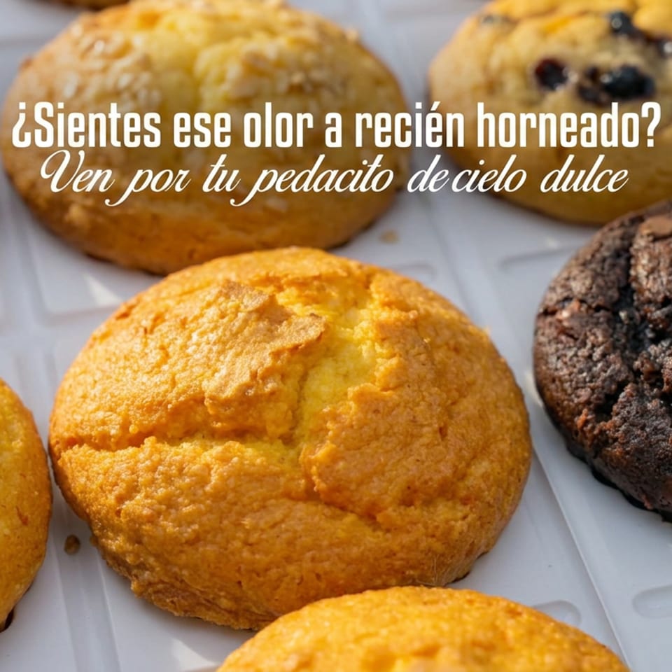 Freshly baked golden pastries and a chocolate chip pastry arranged on a tray, with Spanish promotional text overlay.