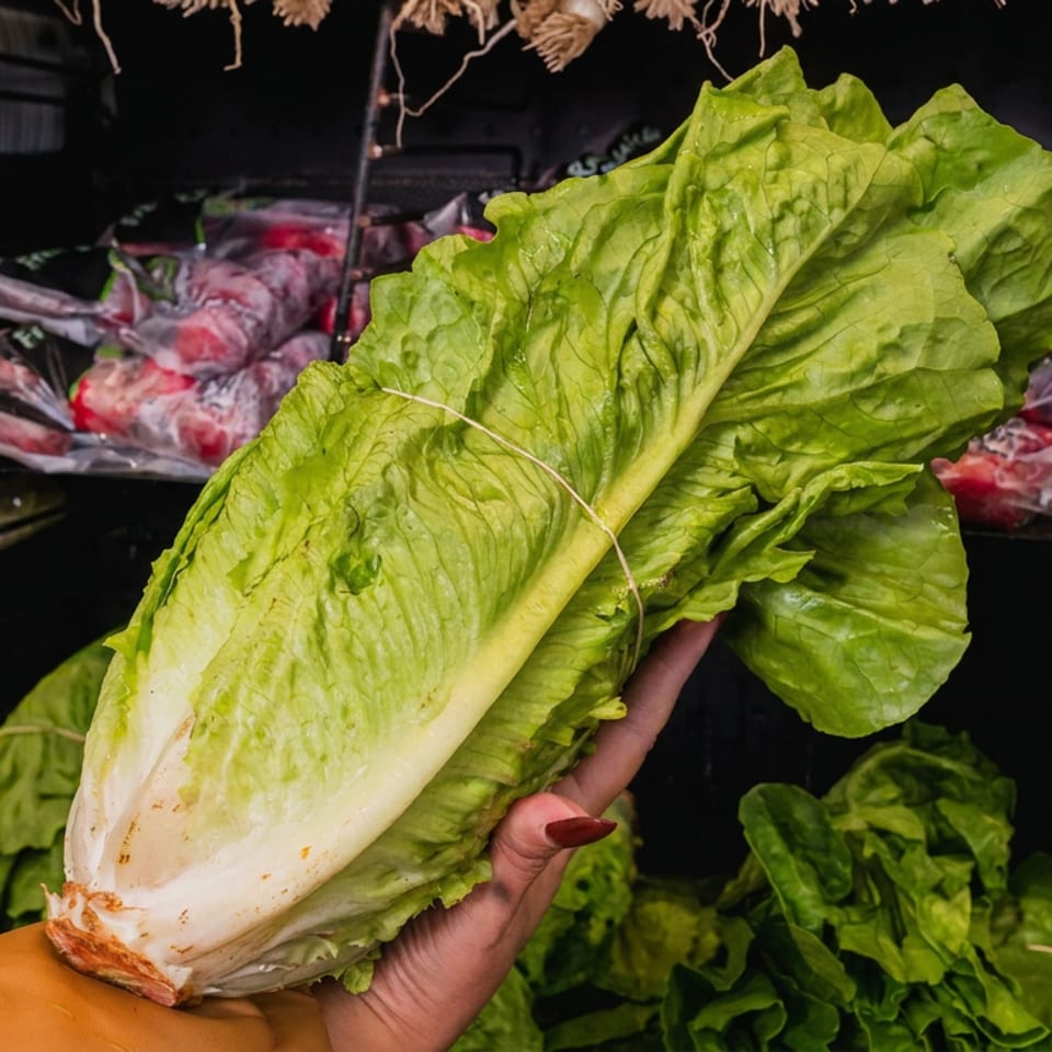 Hand holding a large head of romaine lettuce in a market produce display.